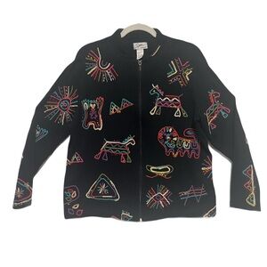 Chico's Black Multicolor Embroidered Textured Jacket Vintage